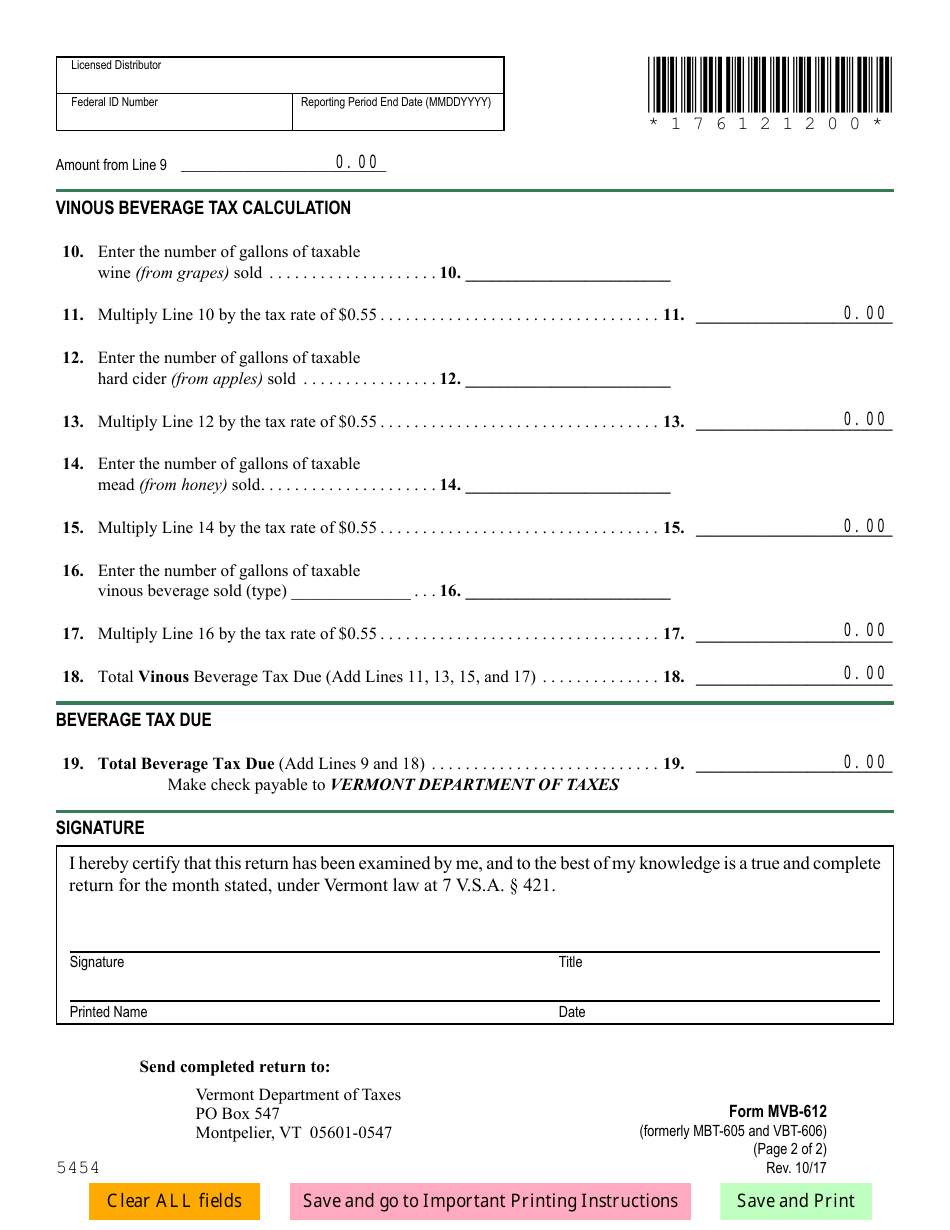 VT Form MVB-612 Malt and Vinous Beverage Tax Return - Vermont, Page 3