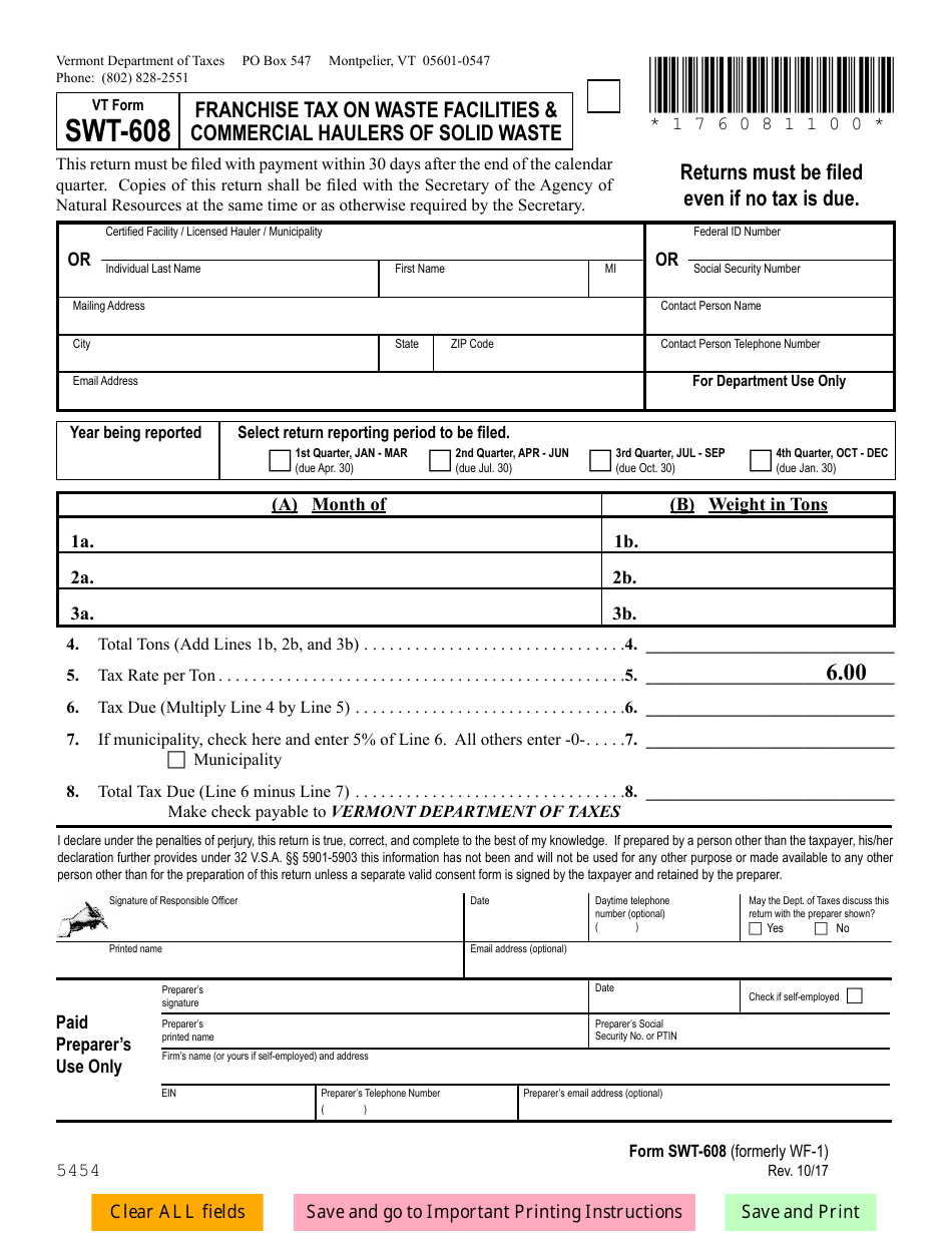 VT Form SWT-608 Franchise Tax on Waste Facilitiescommercial Haulers of Sold Waste - Vermont, Page 1