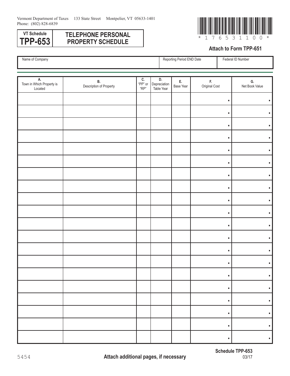 VT Form TPP-651 Schedule TPP-653 Telephone Personal Property Schedule - Vermont, Page 1