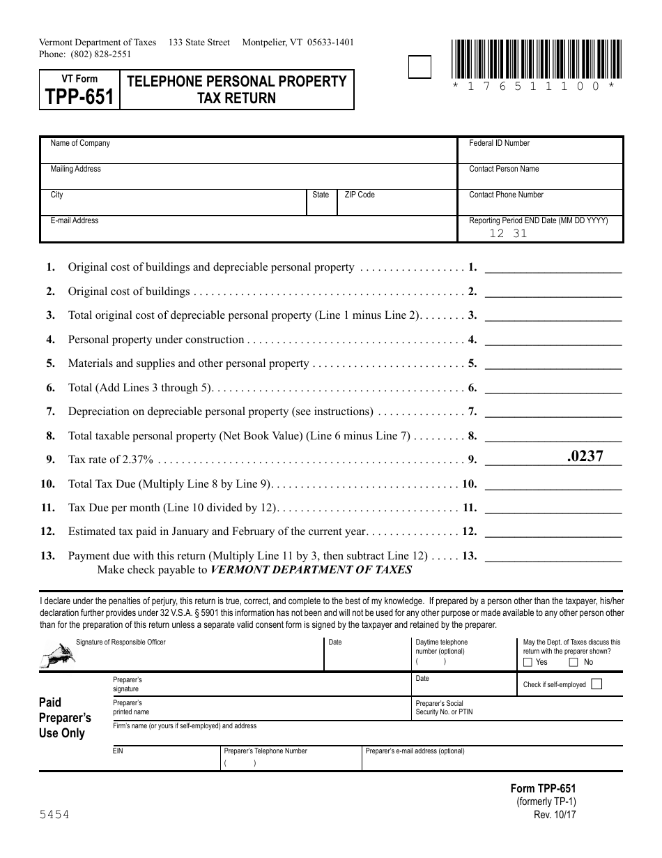 VT Form TPP-651 Telephone Personal Property Tax Return - Vermont, Page 1