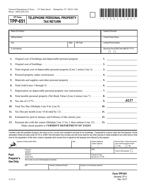 VT Form TPP-651 Telephone Personal Property Tax Return - Vermont