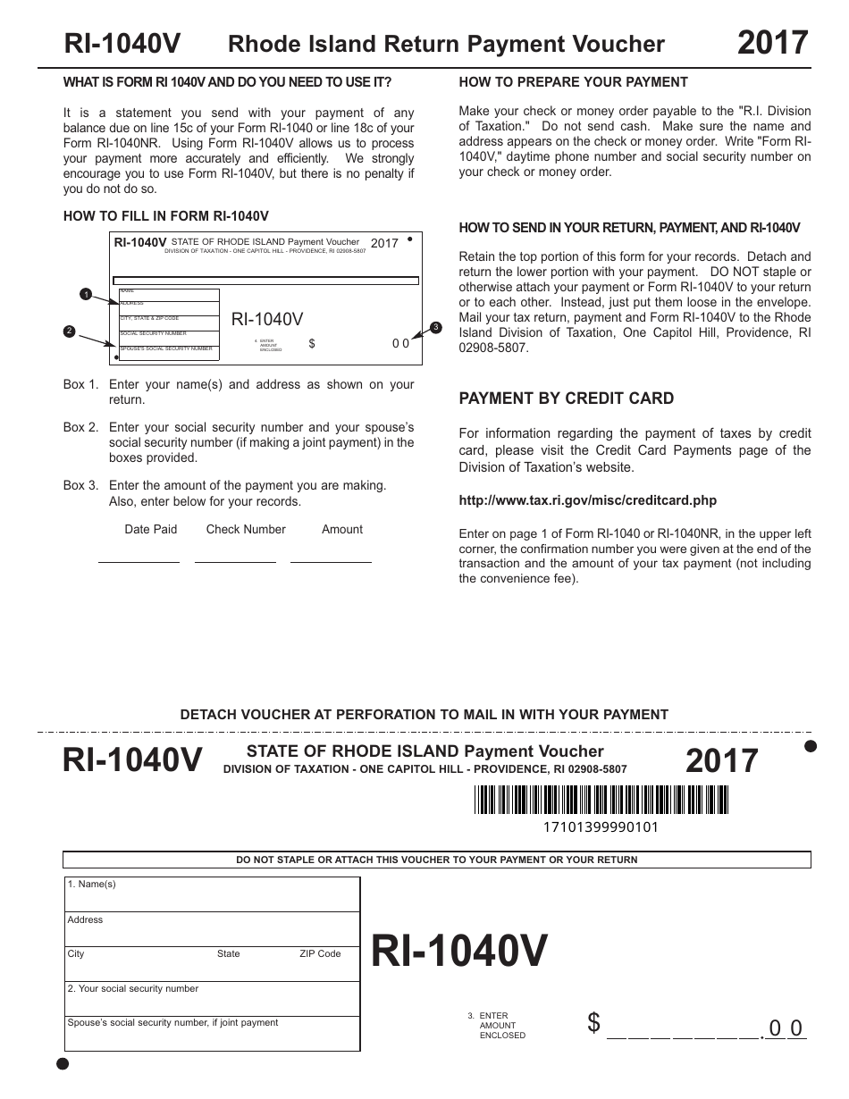 Form RI-1040V Rhode Island Return Payment Voucher - Rhode Island, Page 1