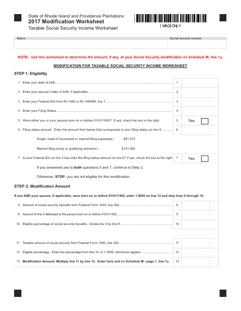 Modification Worksheet - Taxable Social Security Income Worksheet - Rhode Island, 2017