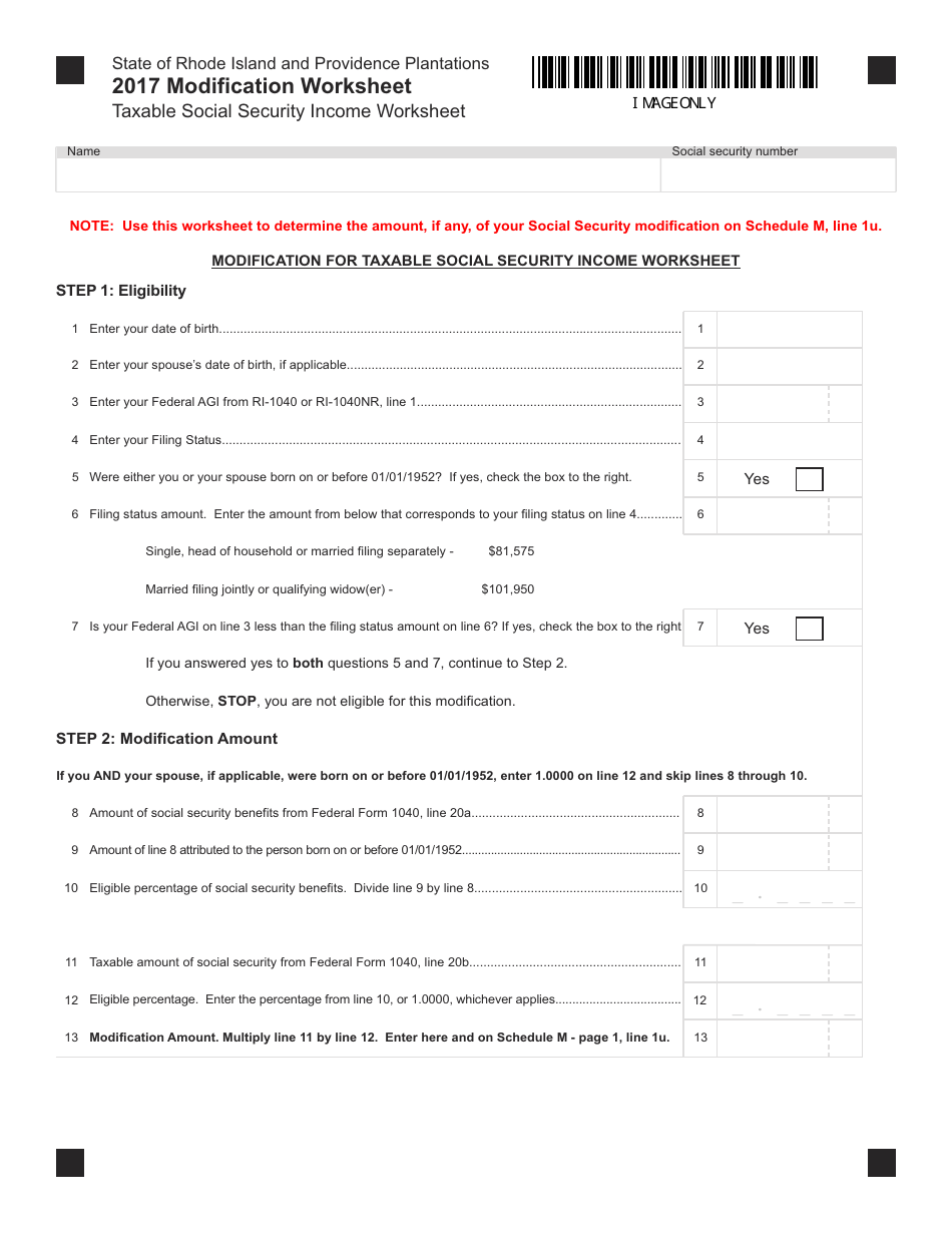 Modification Worksheet - Taxable Social Security Income Worksheet - Rhode Island, Page 1