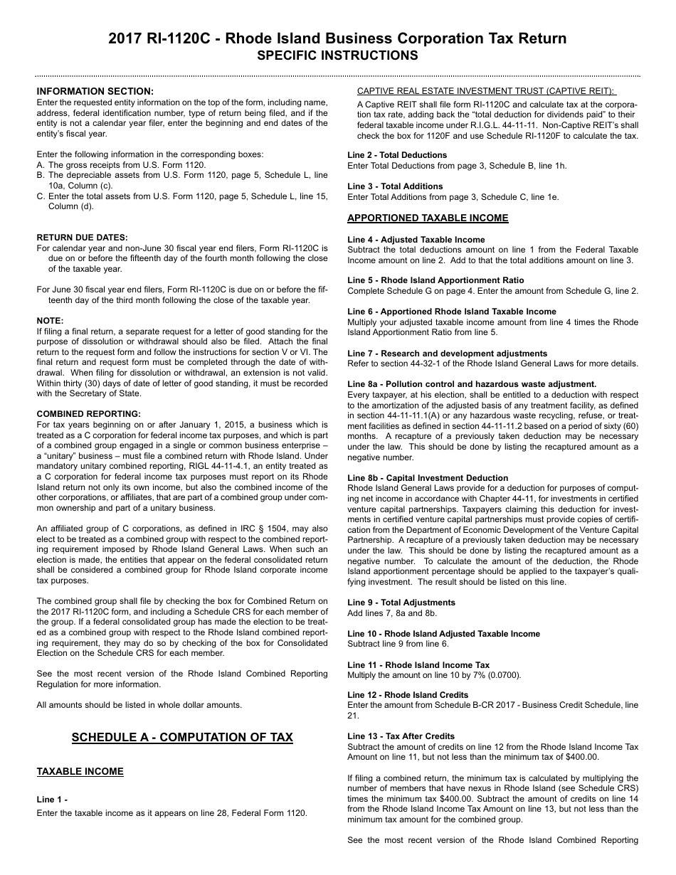 Instructions for Form RI-1120C Rhode Island Business Corporation Tax Return - Rhode Island, Page 1