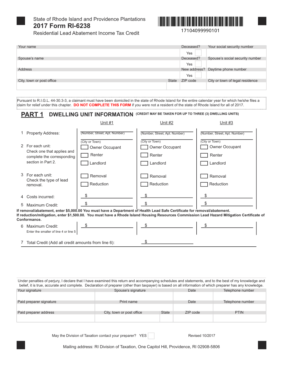 Form RI-6238 Residential Lead Abatement Income Tax Credit - Rhode Island, Page 1