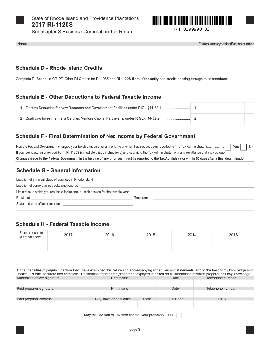 Form RI-1120S Subchapter S Business Corporation Tax Return - Rhode Island, Page 3