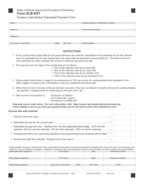 Form SLB-EST Surplus Lines Broker Estimated Payment Form - Rhode Island