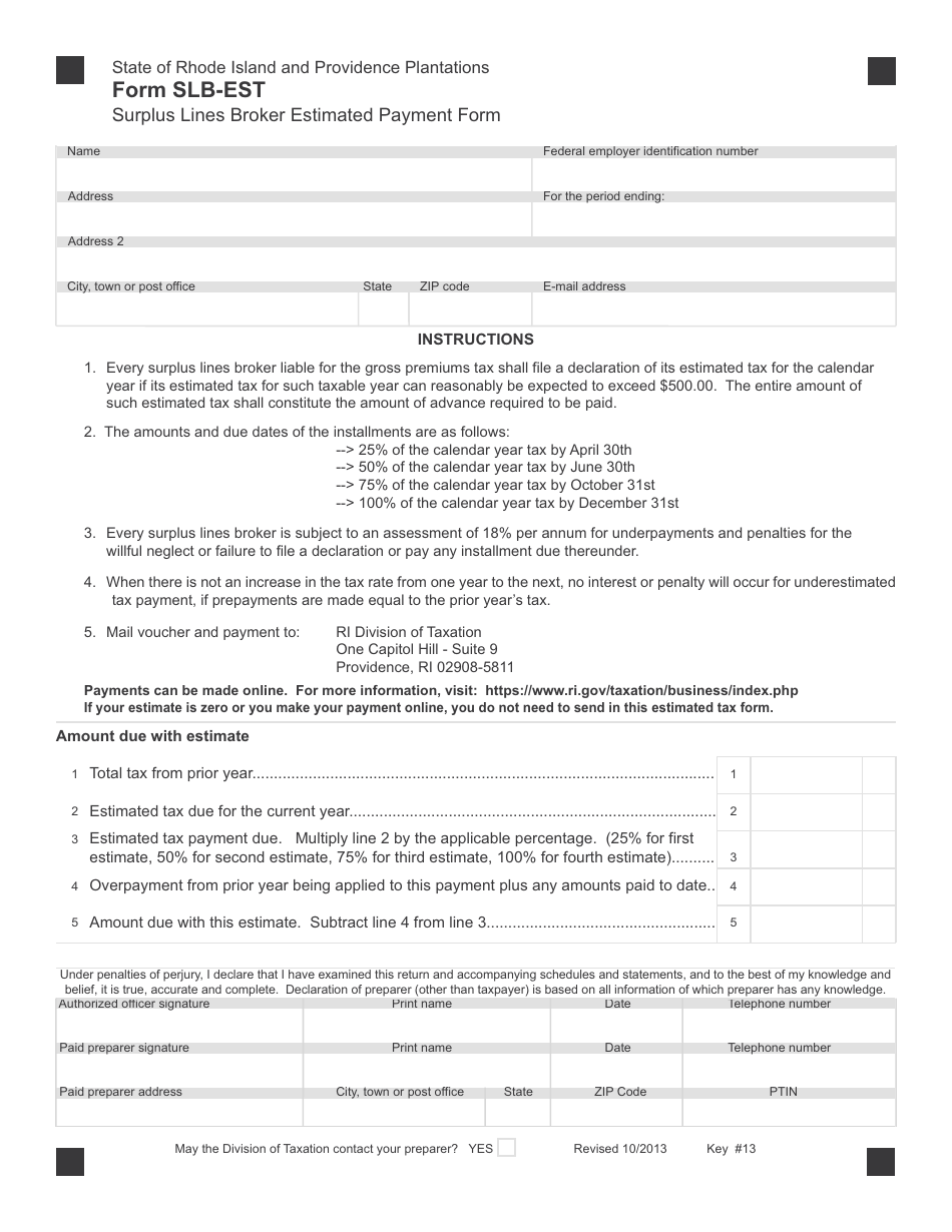 Form SLB-EST Surplus Lines Broker Estimated Payment Form - Rhode Island, Page 1