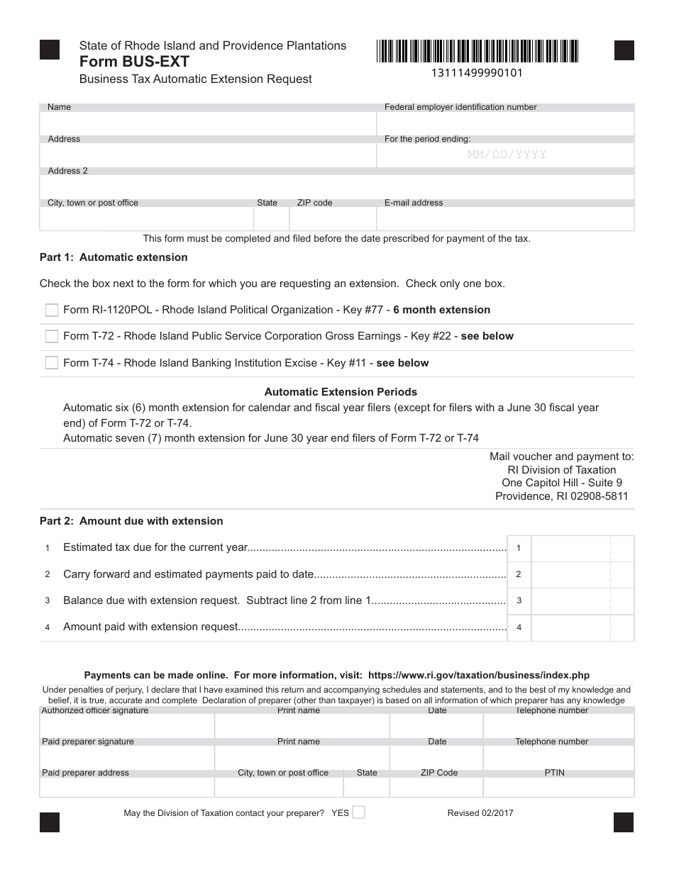 Form BUS-EXT Business Tax Automatic Extension Request - Rhode Island, Page 1