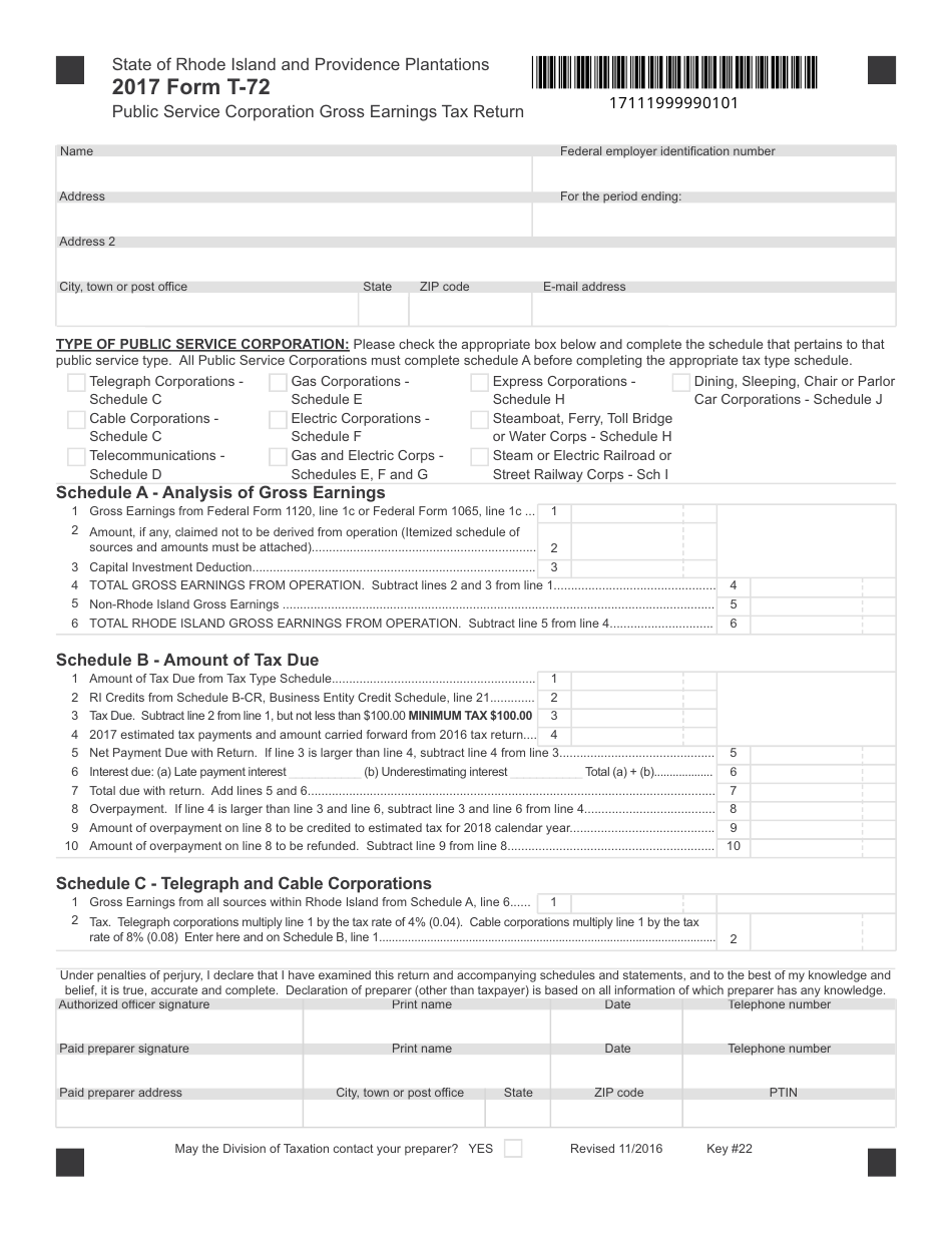 Form T-72 Public Service Corporation Gross Earnings Tax Return - Rhode Island, Page 1