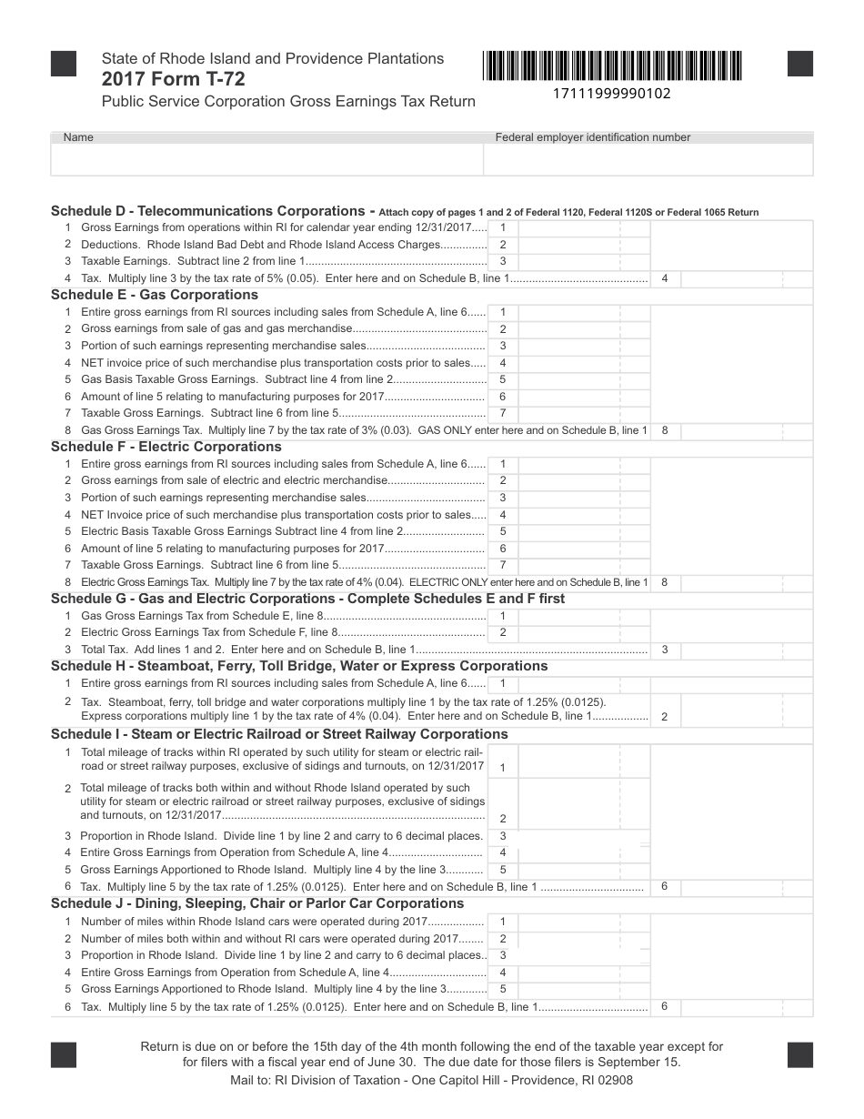 Form T-72 Public Service Corporation Gross Earnings Tax Return - Rhode Island, Page 2