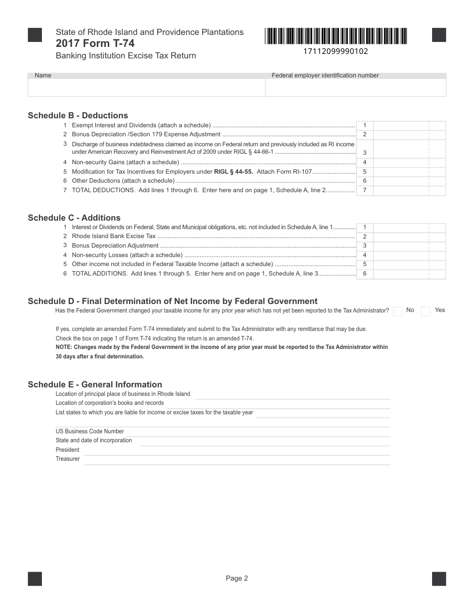 Form T-74 Banking Institution Excise Tax Return - Rhode Island, Page 2