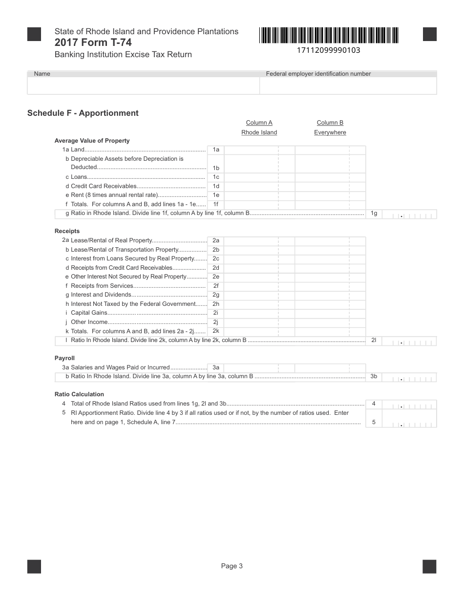 Form T-74 Banking Institution Excise Tax Return - Rhode Island, Page 3