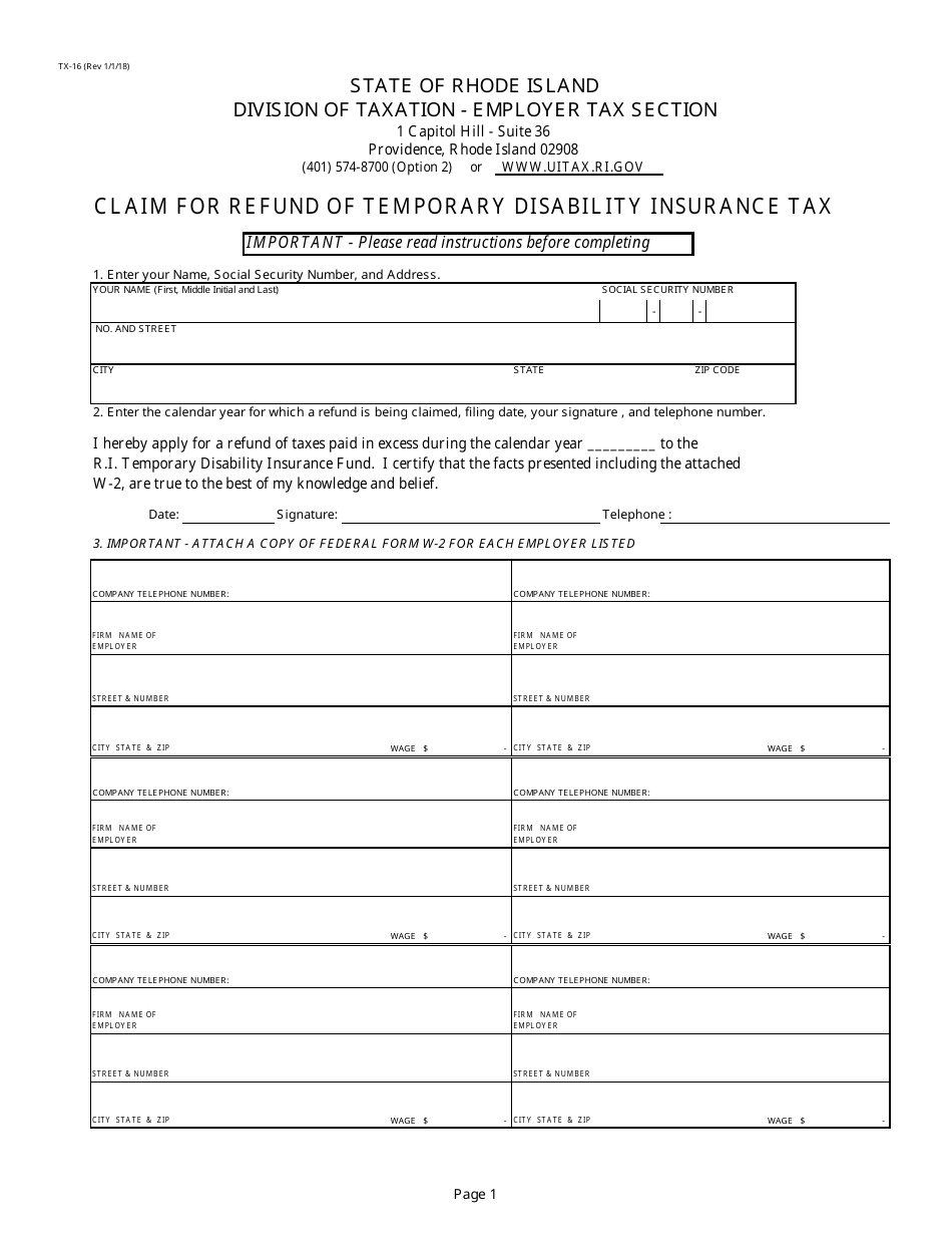 Form TX-16 Claim for Refund of Temporary Disability Insurance Tax - Rhode Island, Page 1
