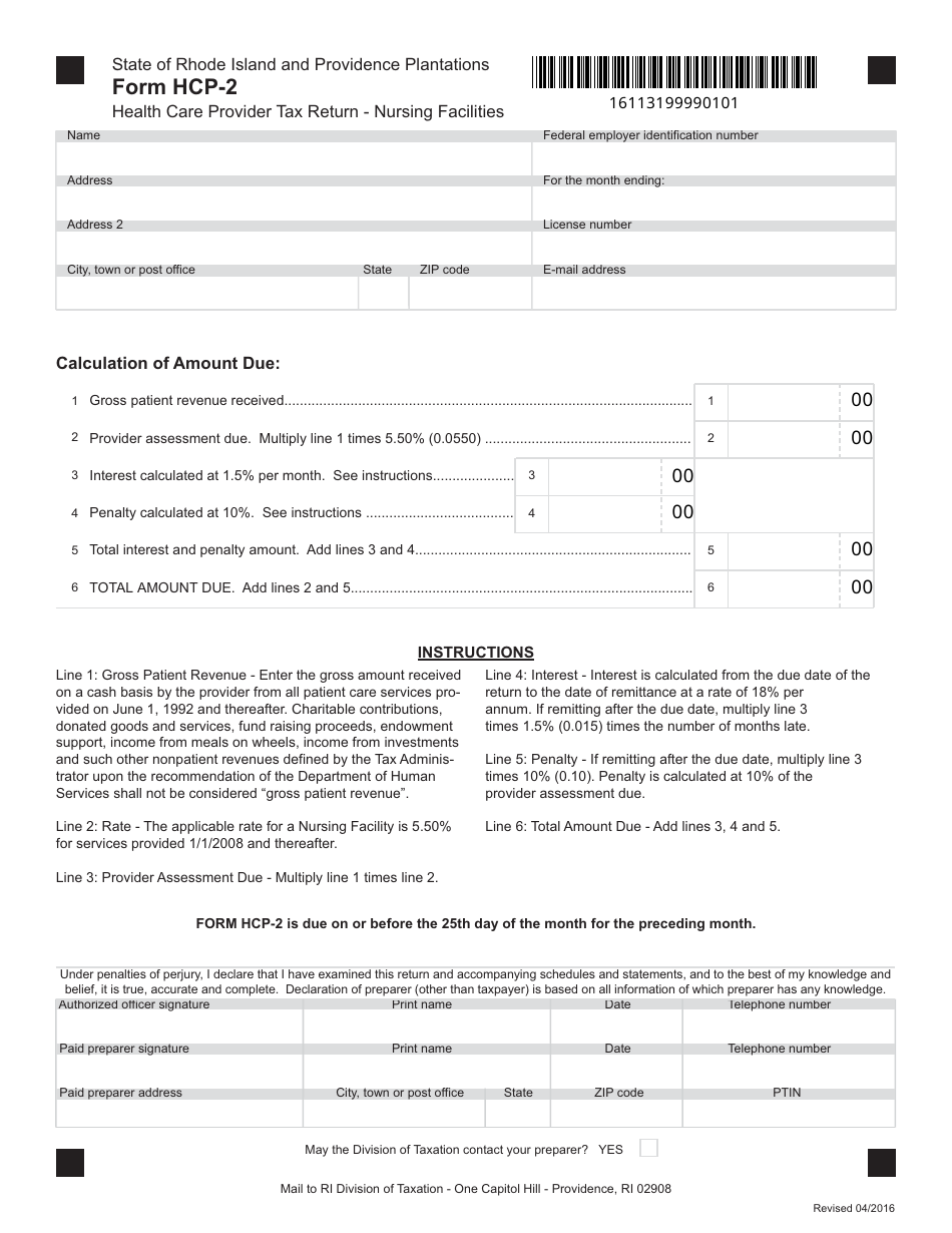 Form HCP-2 Health Care Provider Tax Return - Nursing Facilities - Rhode Island, Page 1
