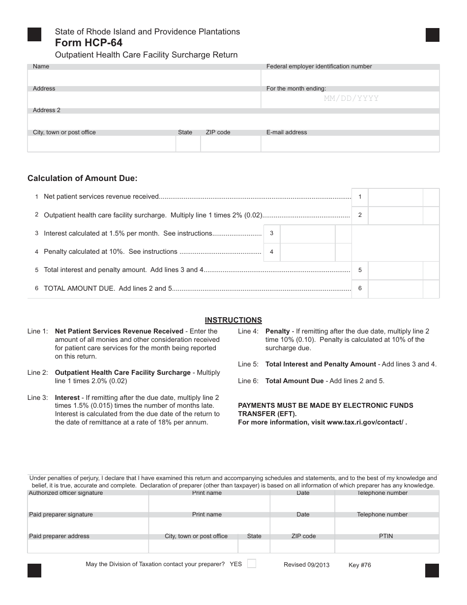 Form HCP-64 Outpatient Health Care Facility Surcharge Return - Rhode Island, Page 1