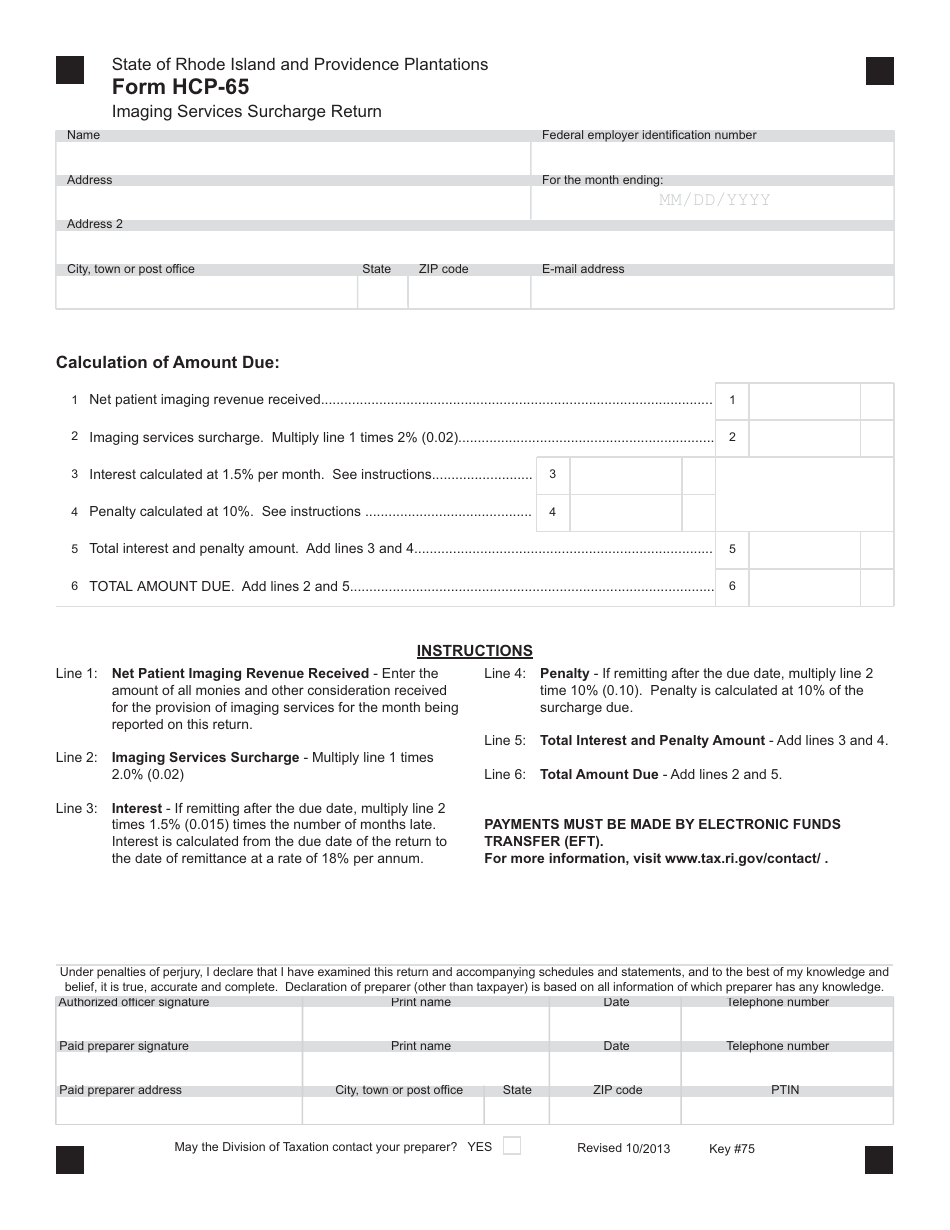 Form HCP-65 Imaging Services Surcharge Return - Rhode Island, Page 1