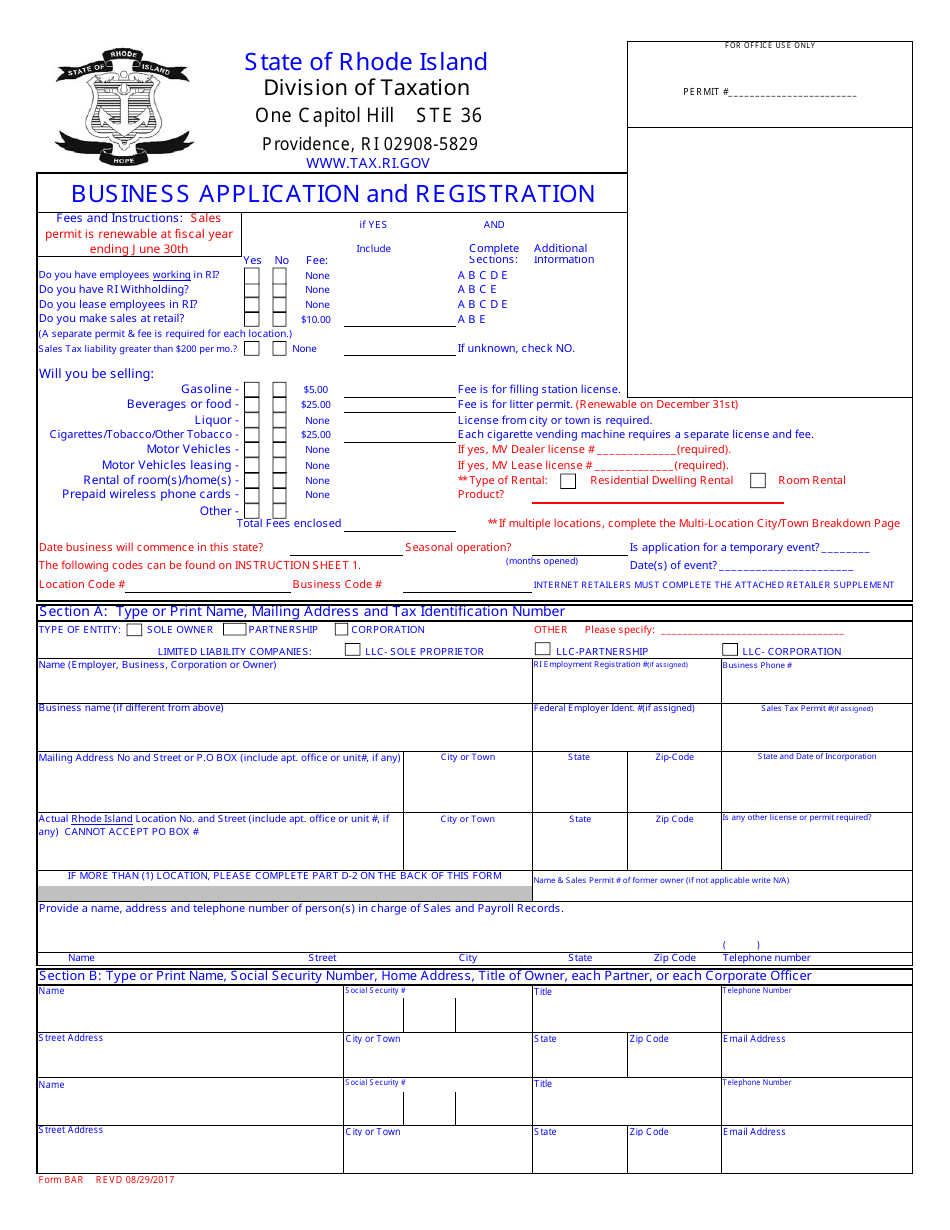 Form BAR Business Application and Registration - Rhode Island, Page 1