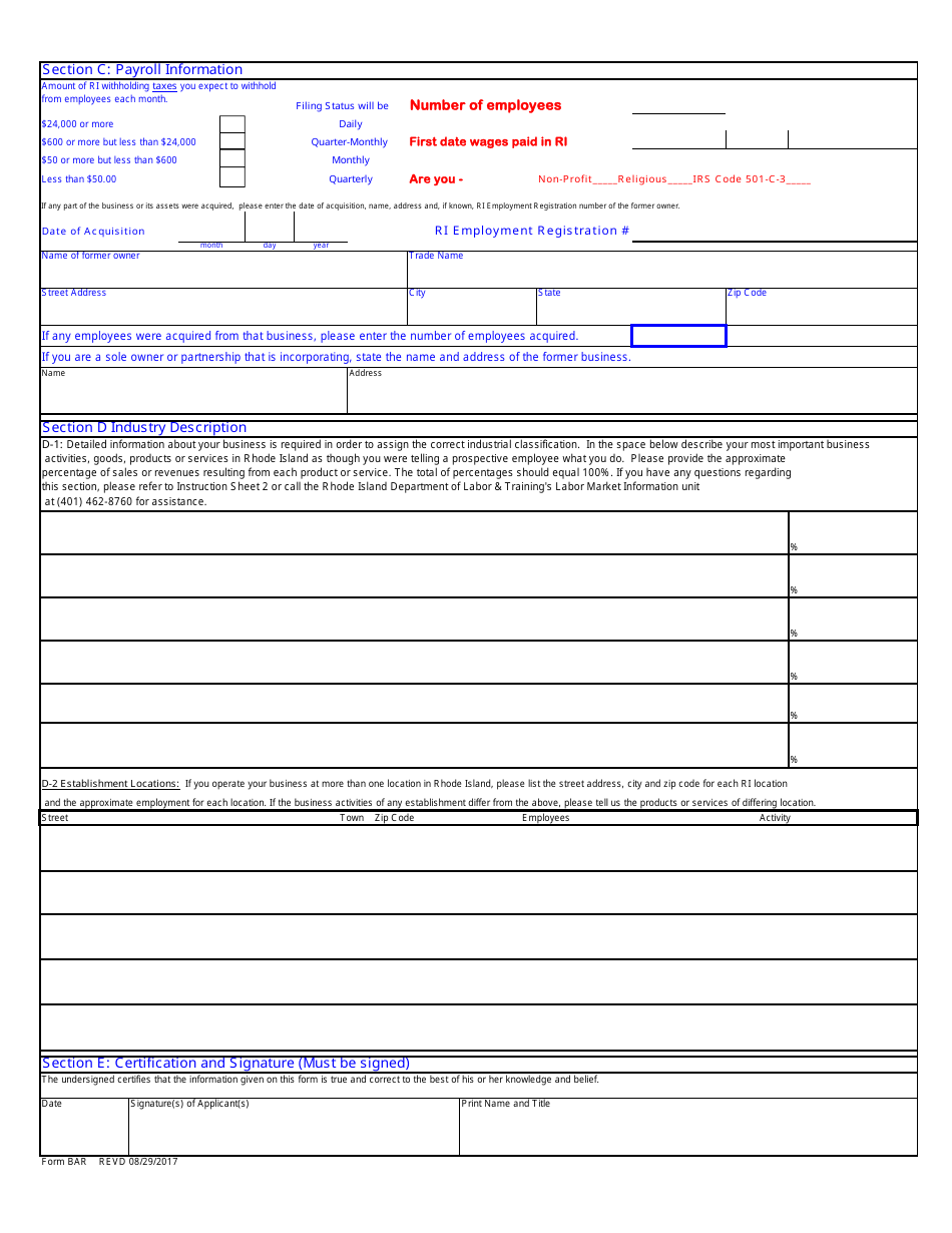 Form BAR Business Application and Registration - Rhode Island, Page 2