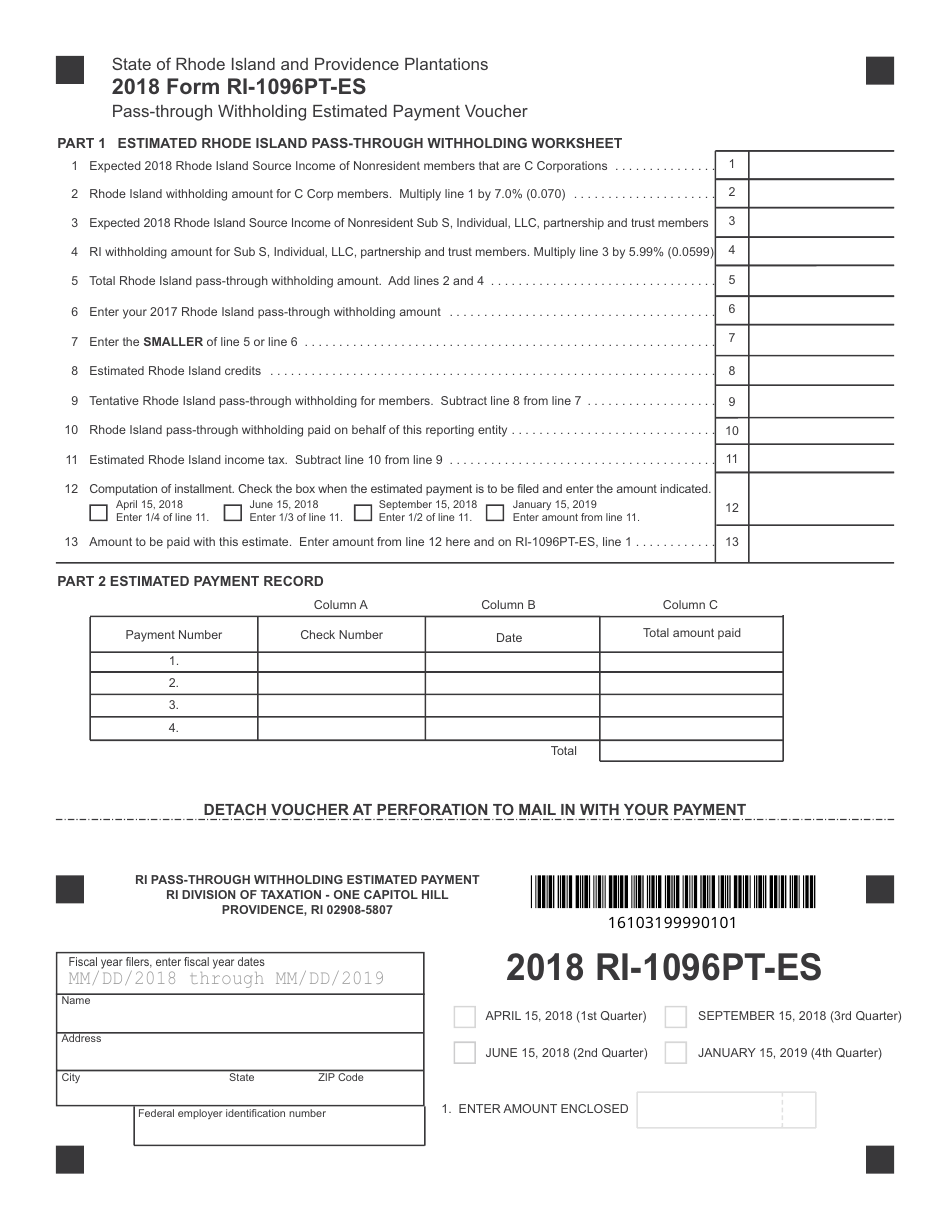 Form RI-1096PT-ES Pass-Through Withholding Estimated Payment Voucher - Rhode Island, Page 1