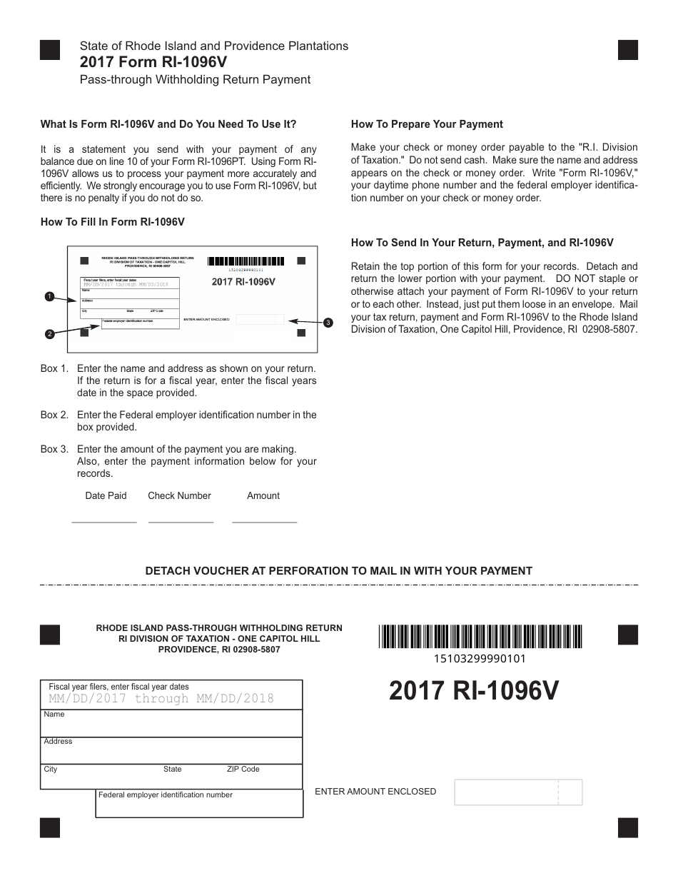 Form RI-1096V Pass-Through Withholding Return Payment - Rhode Island, Page 1