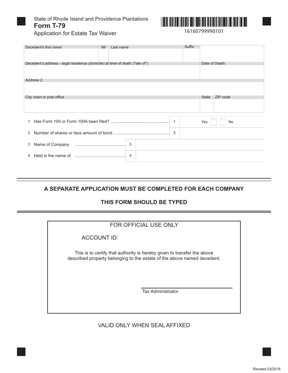 Form T-79 Application for Estate Tax Waiver - Rhode Island, Page 1