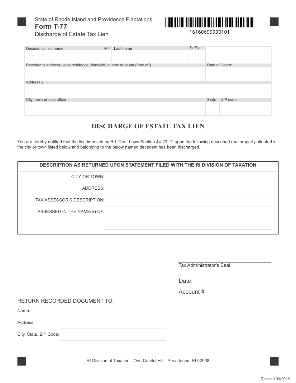 Form T-77 Discharge of Estate Tax Lien - Rhode Island, Page 1