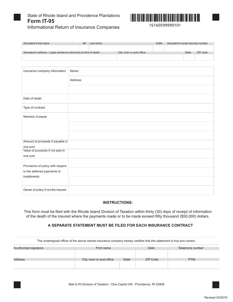Form IT-95 Informational Return of Insurance Companies - Rhode Island, Page 1