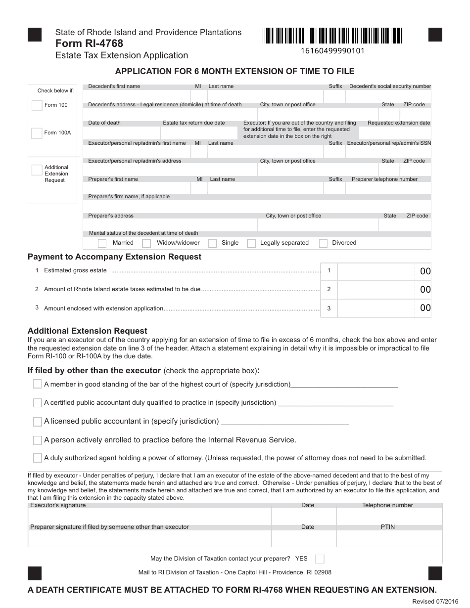 Form RI-4768 Estate Tax Extension Application - Rhode Island, Page 1