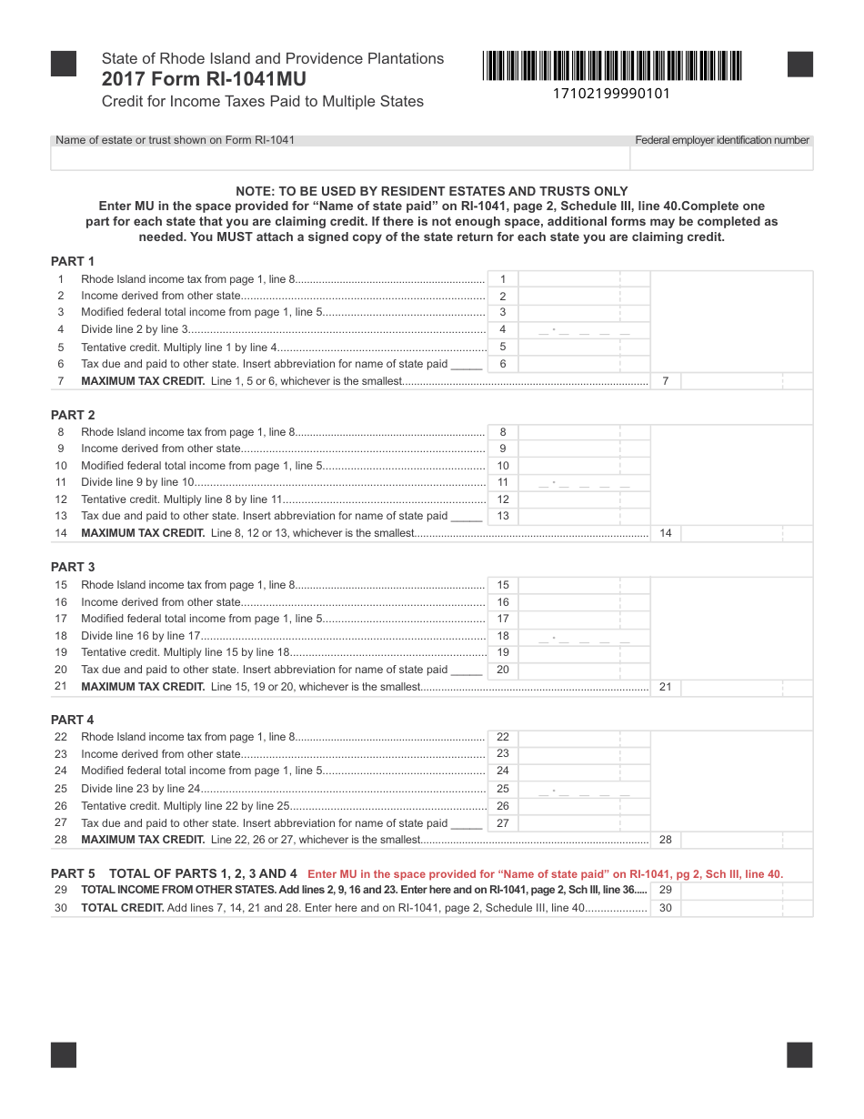 Form RI-1041 Credit for Income Taxes Paid to Multiple States - Rhode Island, Page 1