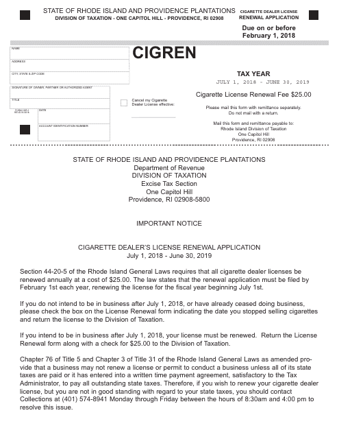 Form CIGREN Cigarette Dealer License - Renewal Application - Rhode Island