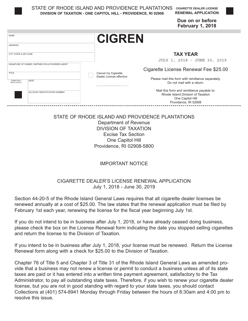 Form CIGREN Cigarette Dealer License - Renewal Application - Rhode Island, Page 1