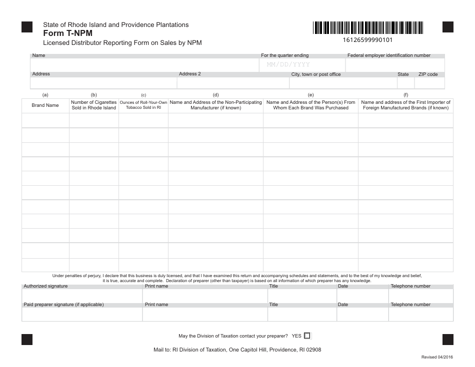 Form T-NPM Licensed Distributor Reporting Form on Sales by Npm - Rhode Island, Page 1