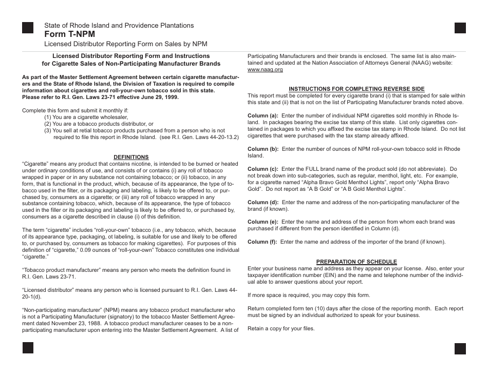 Form T-NPM Licensed Distributor Reporting Form on Sales by Npm - Rhode Island, Page 2