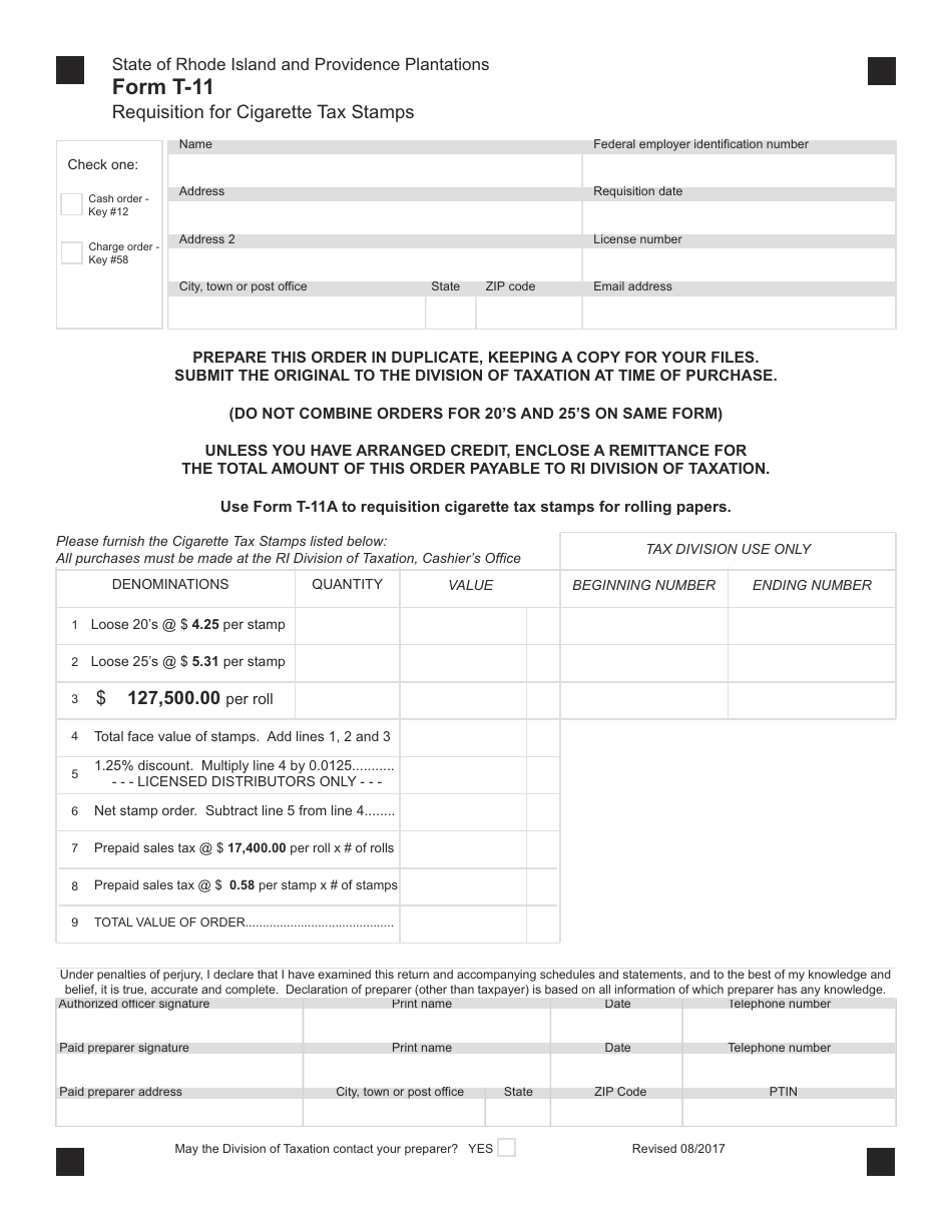 Form T-11 Requisition for Cigarette Tax Stamps - Rhode Island, Page 1