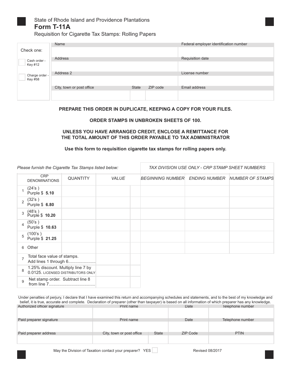 Form T-11A Requisition for Cigarette Tax Stamps - Rolling Papers - Rhode Island, Page 1
