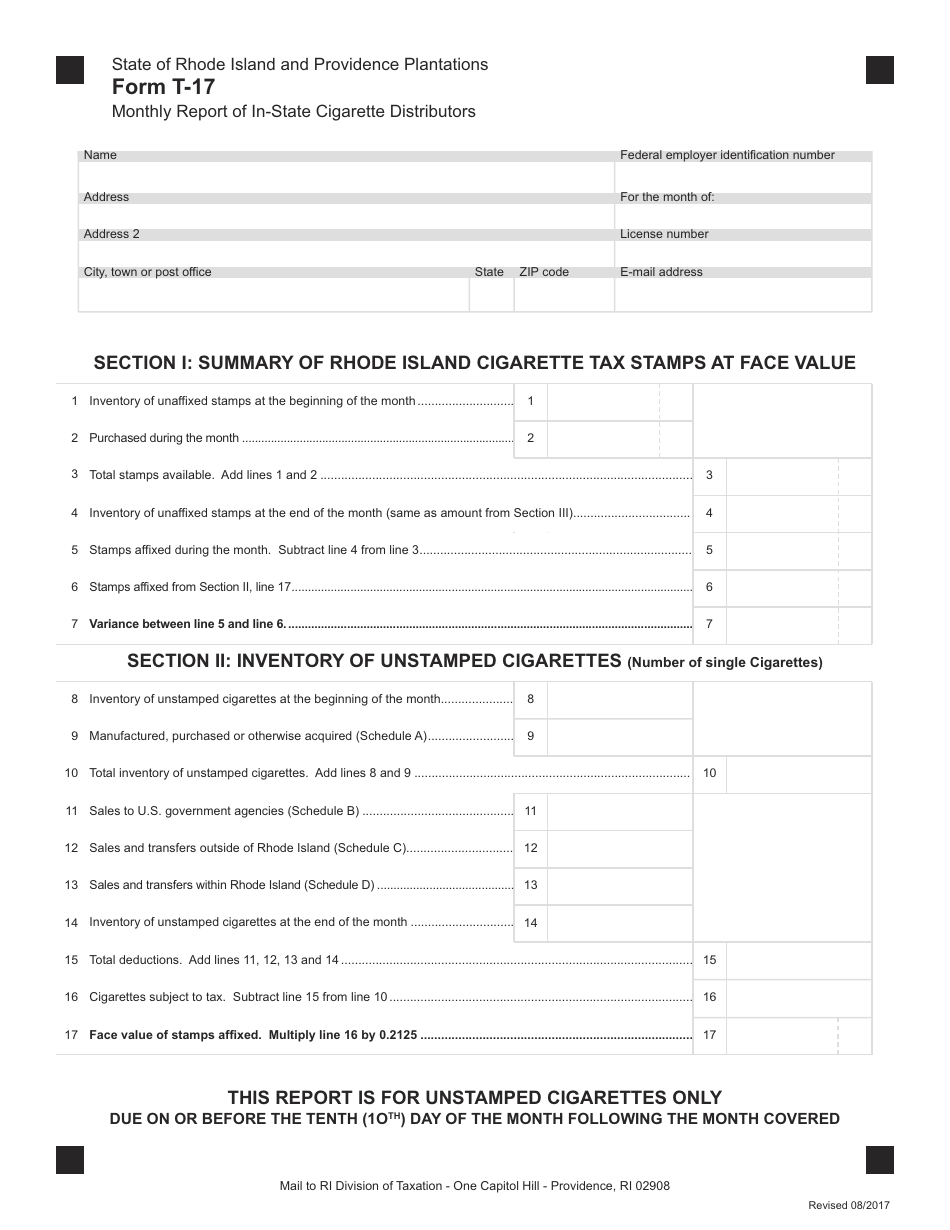Form T-17 Monthly Report of in-State Cigarette Distributors - Rhode Island, Page 1