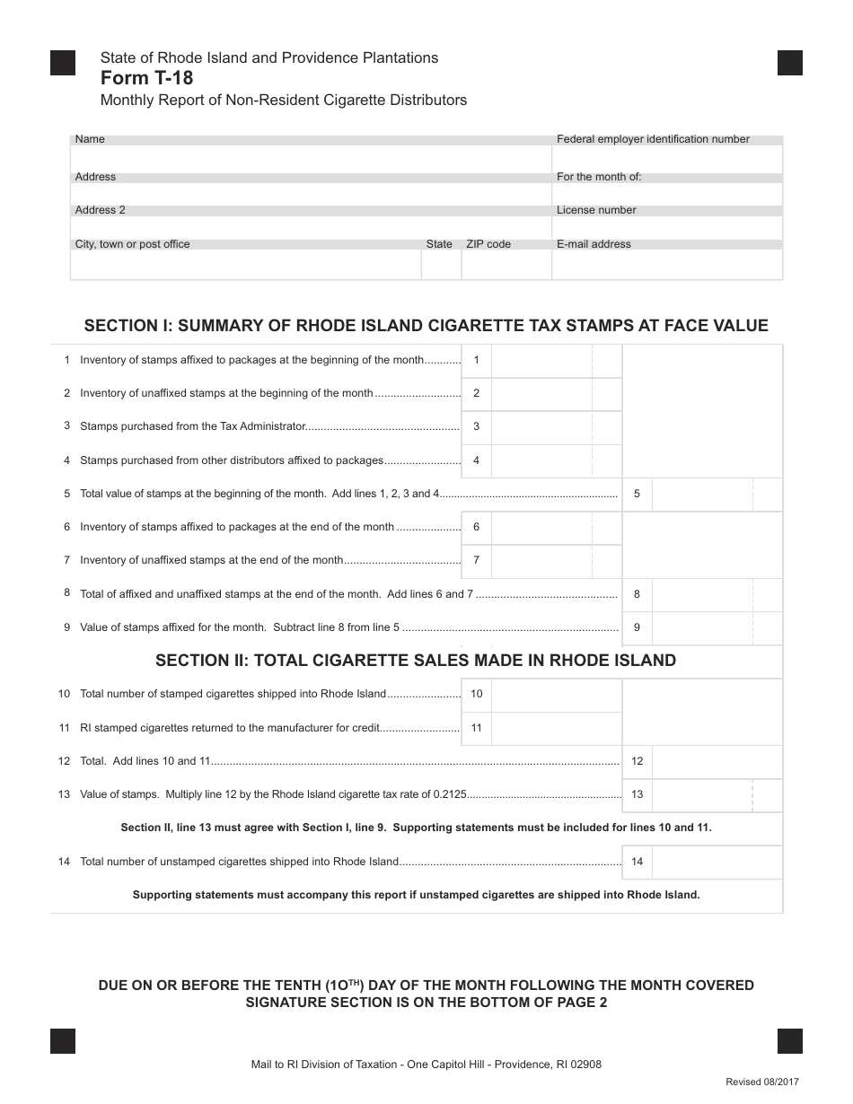 Form T-18 Monthly Report of Non-resident Cigarette Distributors - Rhode Island, Page 1