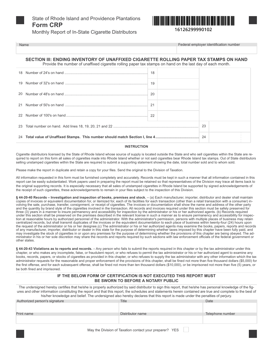 Form CRP Monthly Report of in-State Cigarette Distributors - Rhode Island, Page 2