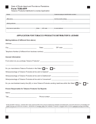 Document preview: Form TOB-APP Tobacco Products Distributor's License Application - Rhode Island