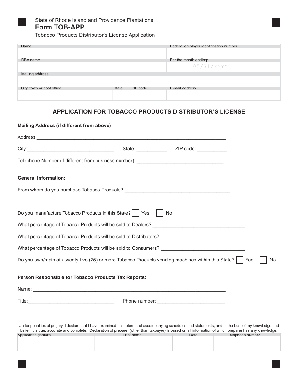 Form TOBAPP Fill Out, Sign Online and Download Fillable PDF, Rhode