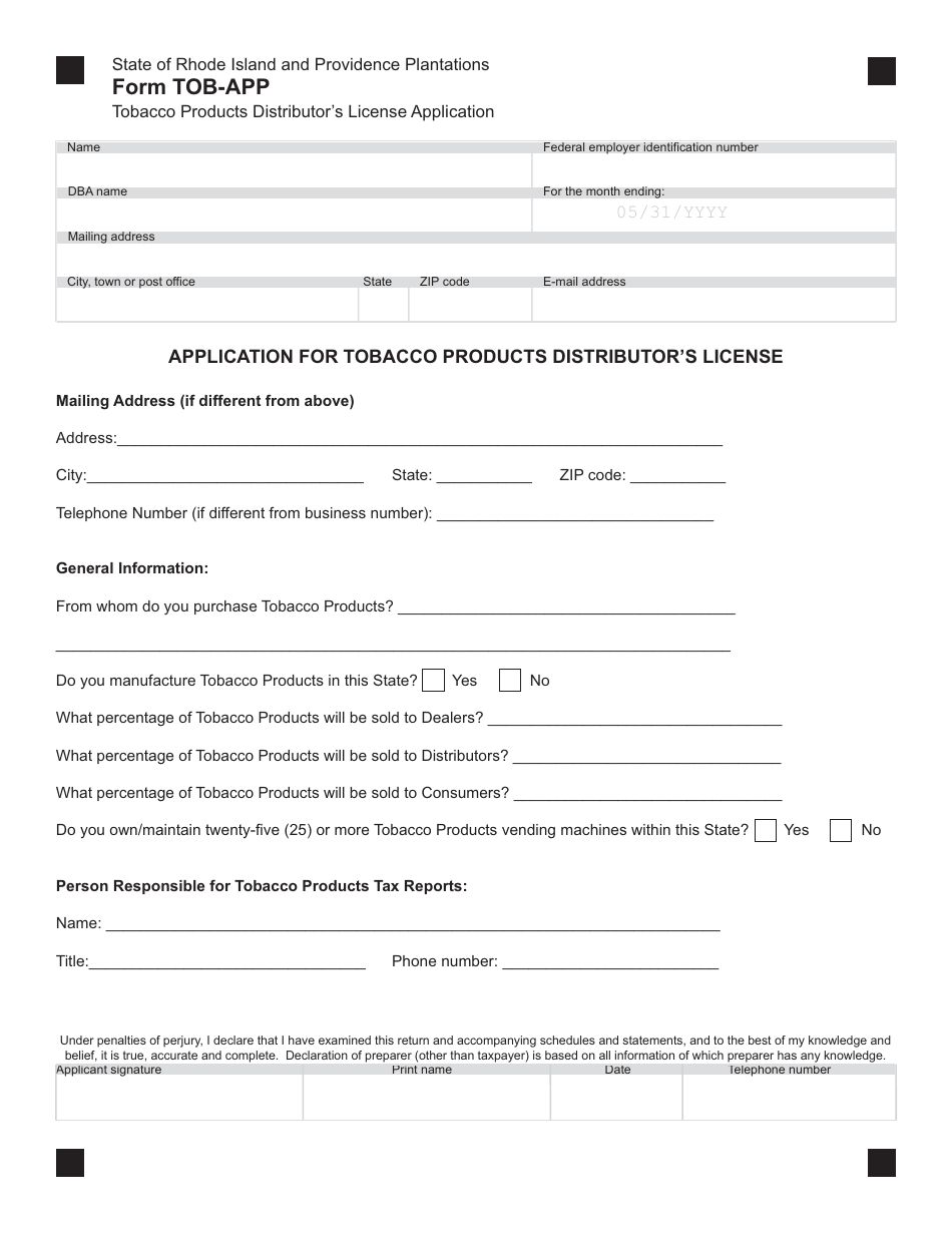 Form TOB-APP Tobacco Products Distributor's License Application - Rhode Island, Page 1