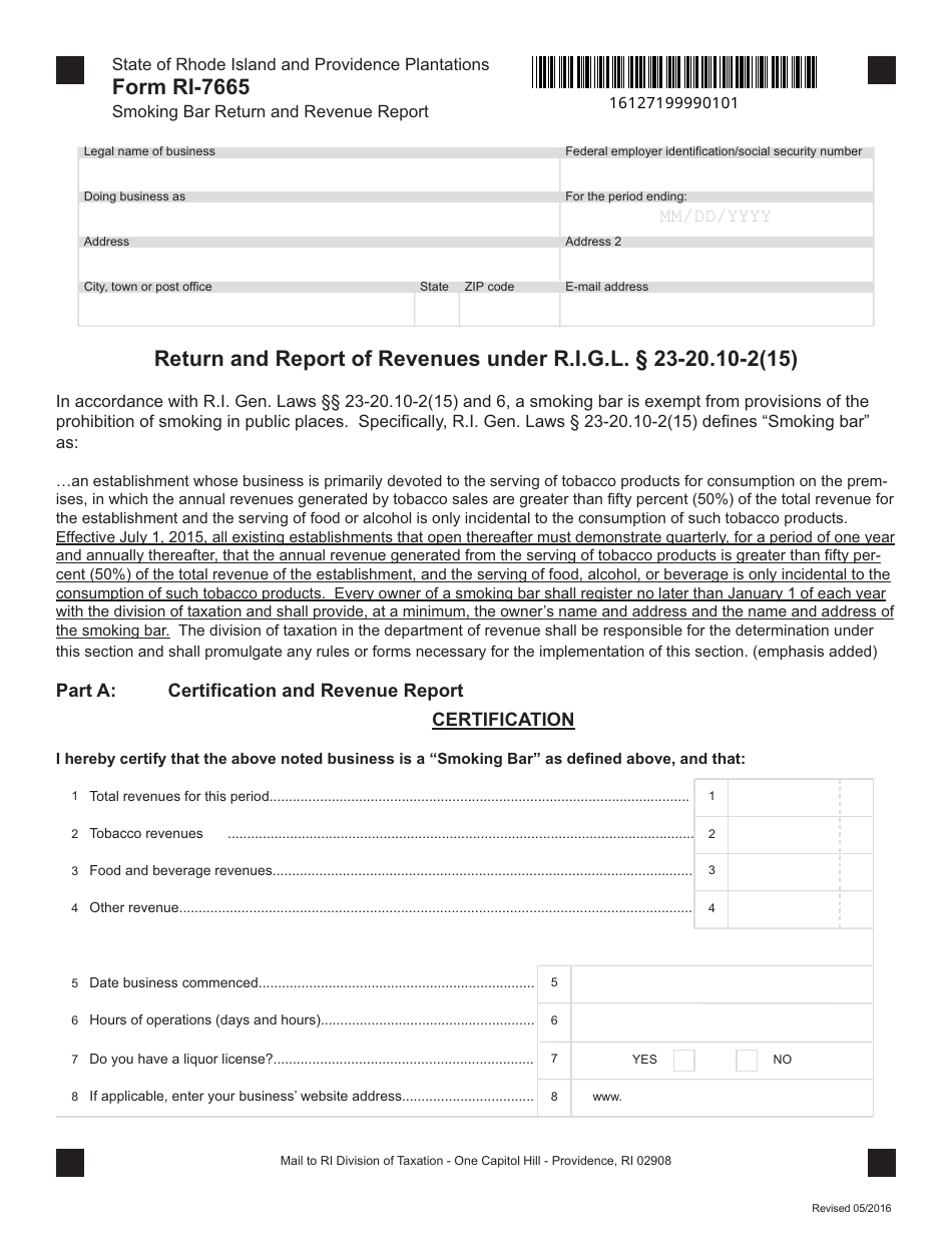 Form RI-7665 Smoking Bar Return and Revenue Report - Rhode Island, Page 1