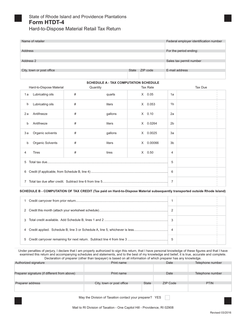 Form HTDT-4 Hard-To-Dispose Material Retail Tax Return - Rhode Island, Page 1