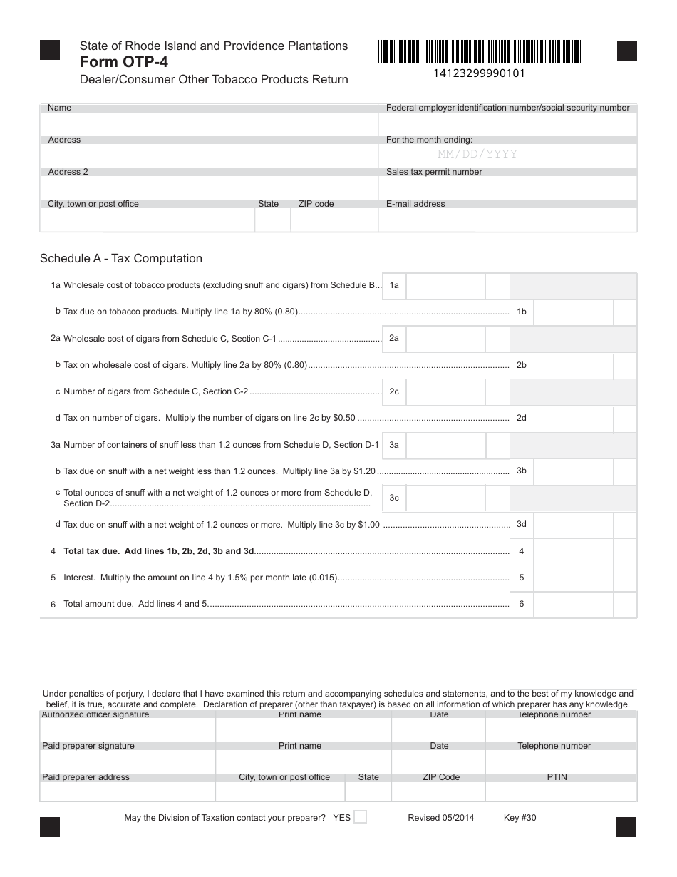 Form OTP-4 Dealer / Consumer Other Tobacco Products Return - Rhode Island, Page 1