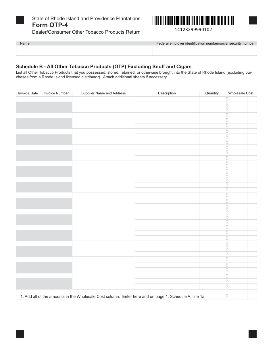 Form OTP-4 Dealer / Consumer Other Tobacco Products Return - Rhode Island, Page 2
