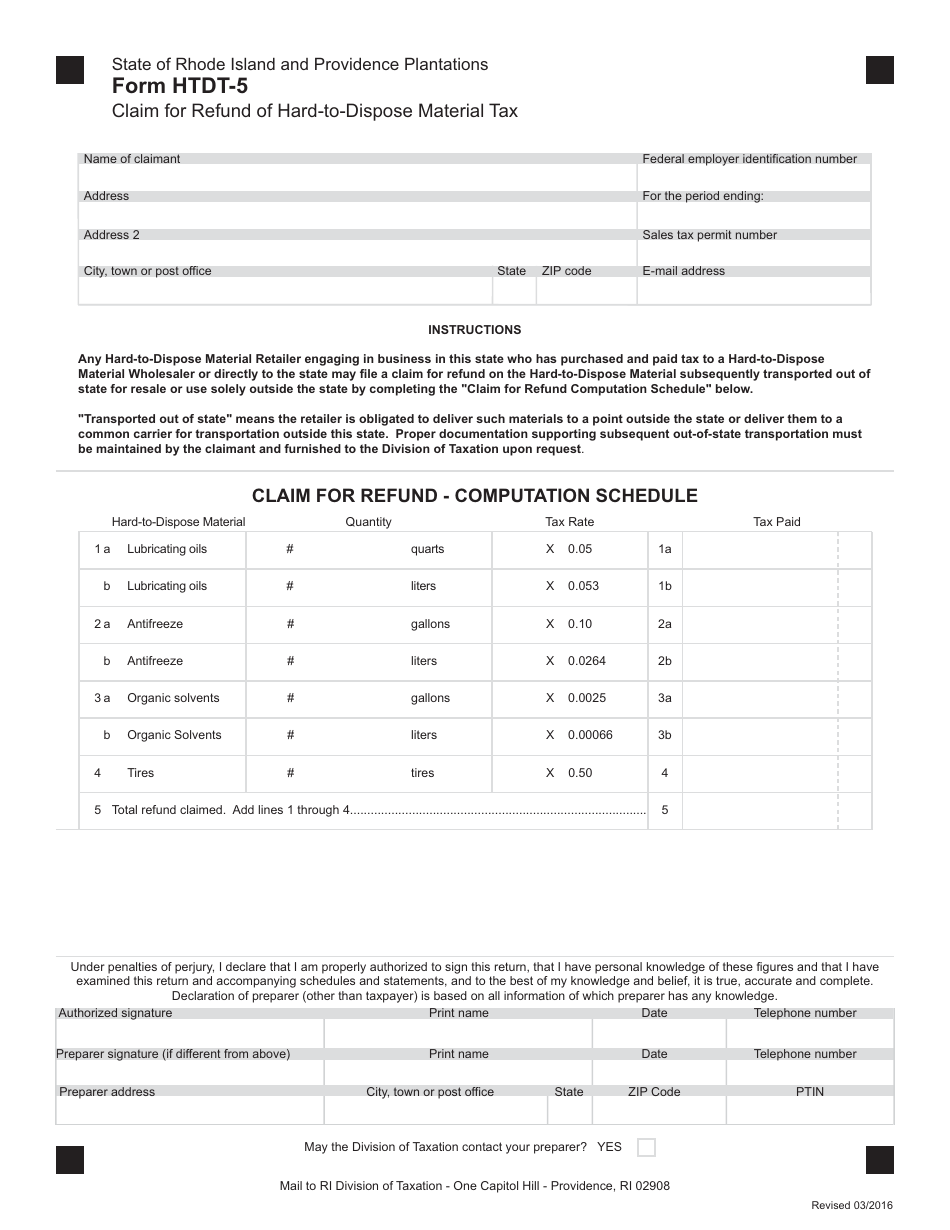 Form HTDT-5 Claim for Refund of Hard-To-Dispose Material Tax - Rhode Island, Page 1