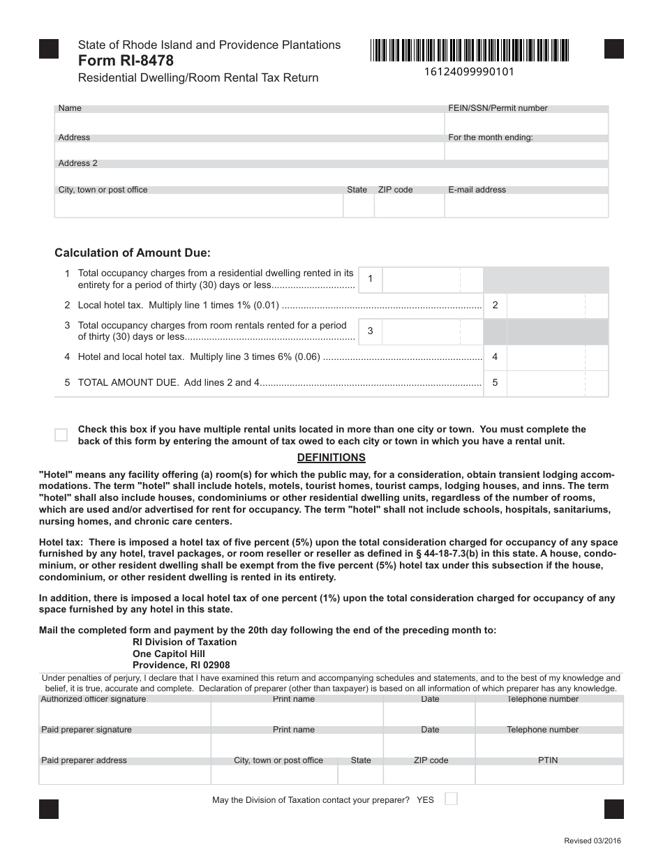 Form RI-8478 Residential Dwelling / Room Rental Tax Return - Rhode Island, Page 1