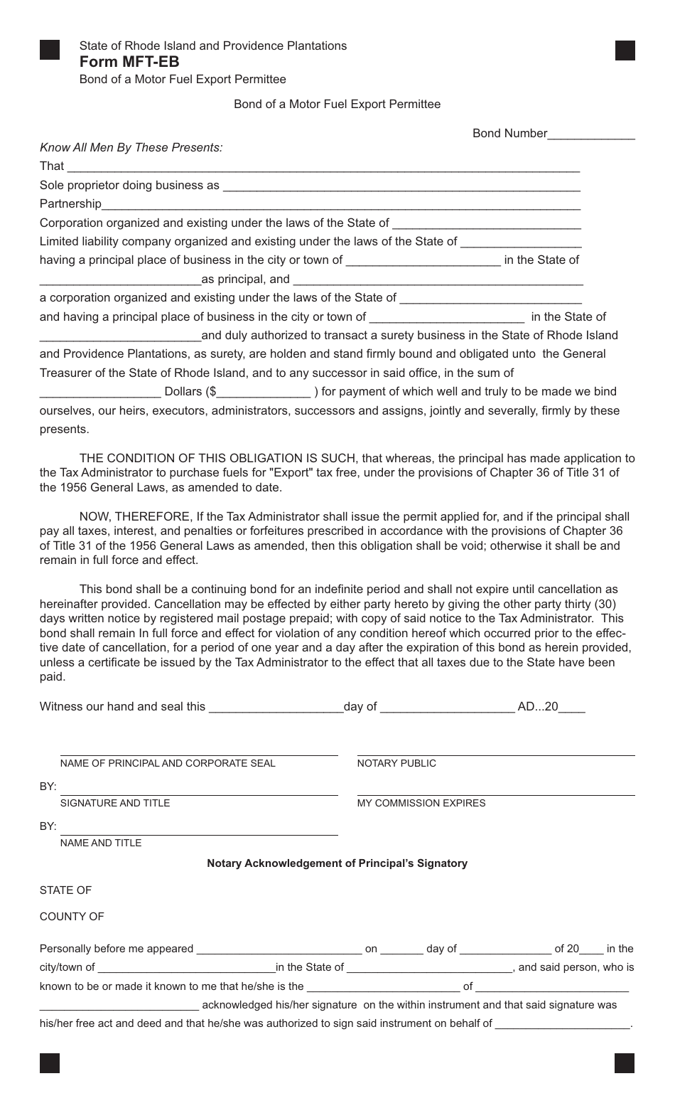 Form MFT-EB Bond of a Motor Fuel Export Permittee - Rhode Island, Page 1